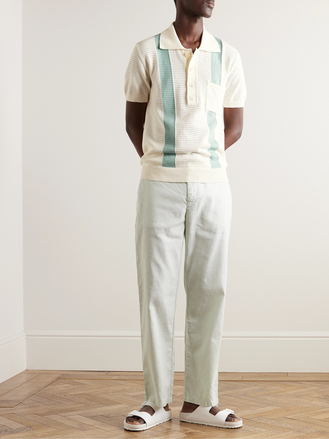 Shop Frescobol Carioca Clemente Striped Pointelle-knit Cotton Polo Shirt In Neutrals
