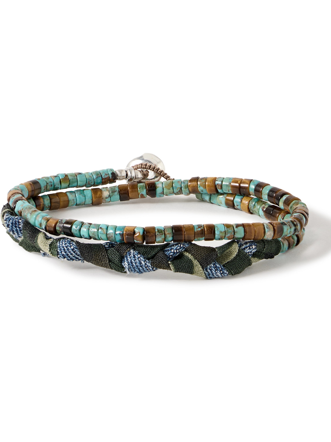 Mikia Silver, Turquoise, Tiger's Eye And Cotton Beaded Wrap Bracelet In Green