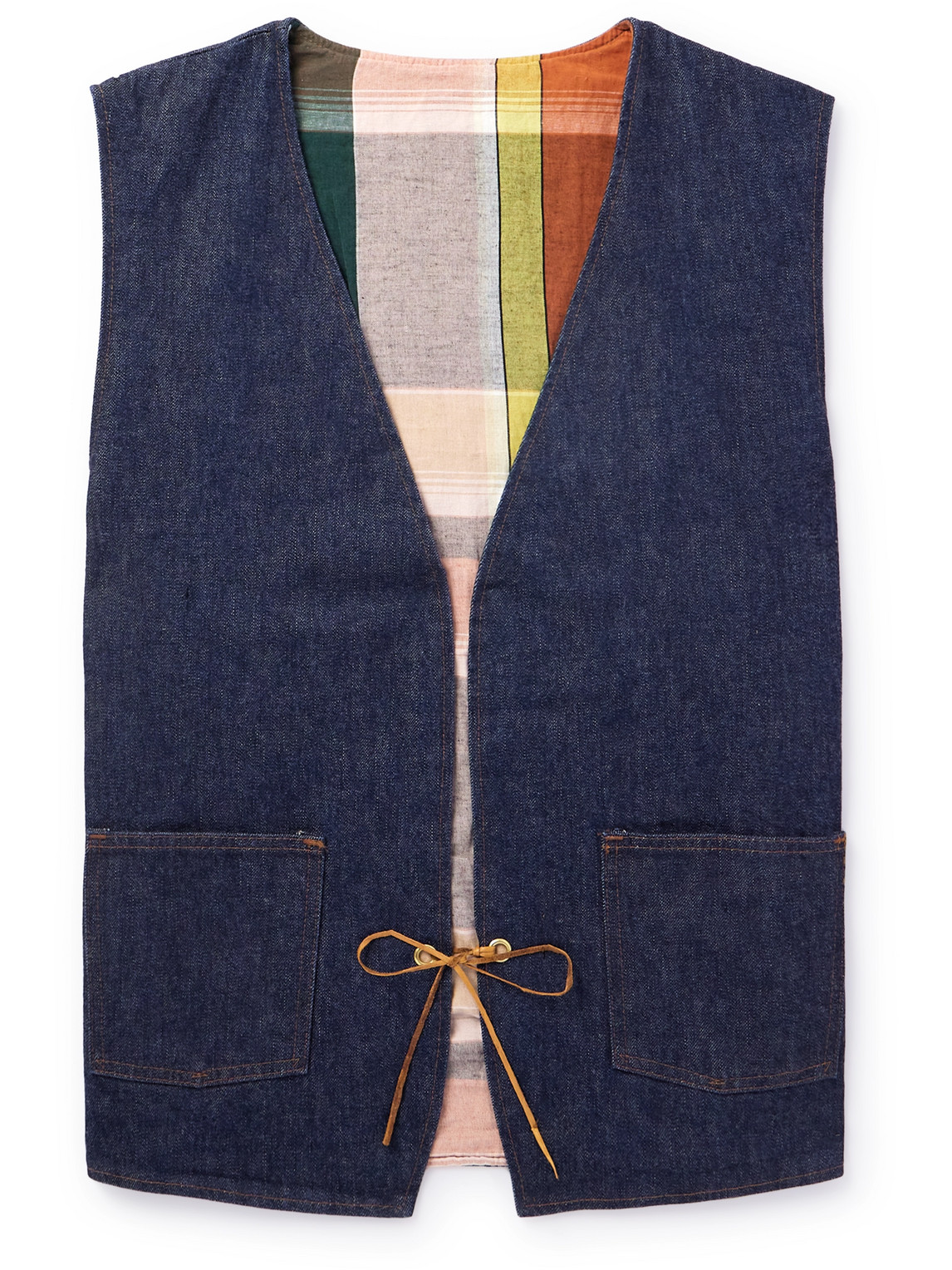 Orslow Hippie's Reversible Denim And Checked Cotton And Linen-blend Gilet In Blue