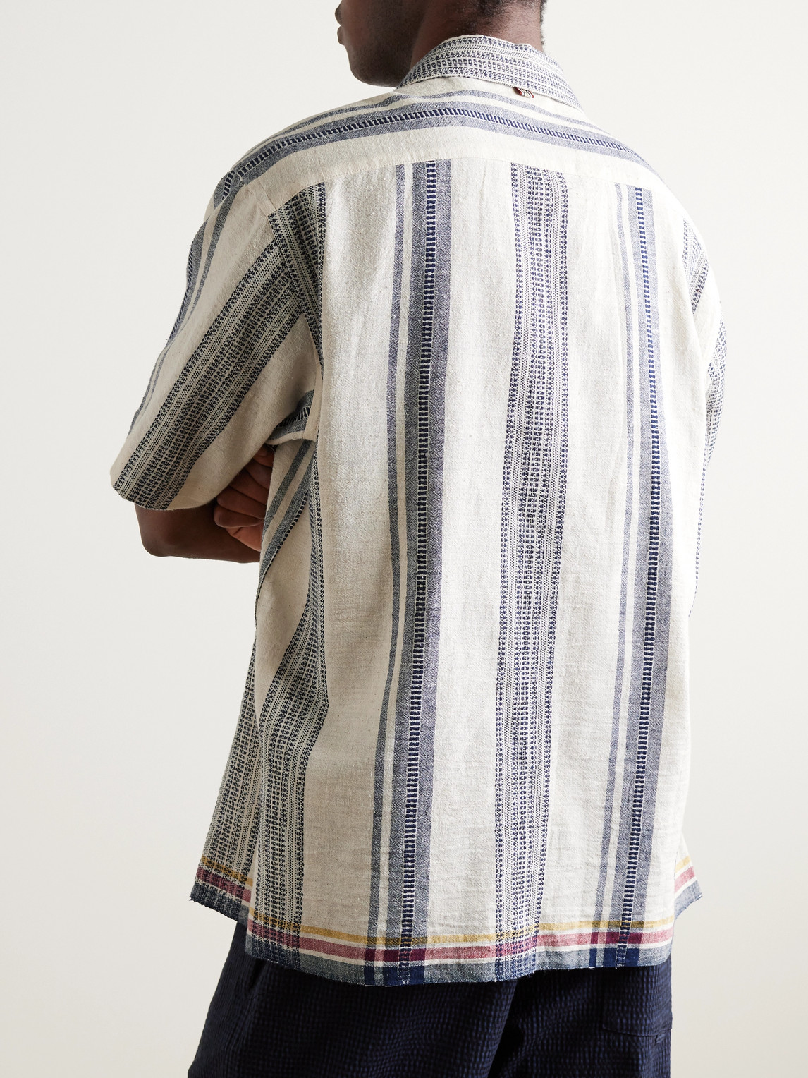 Shop Kardo Ayo Convertible-collar Striped Embroidered Cotton Shirt In Blue