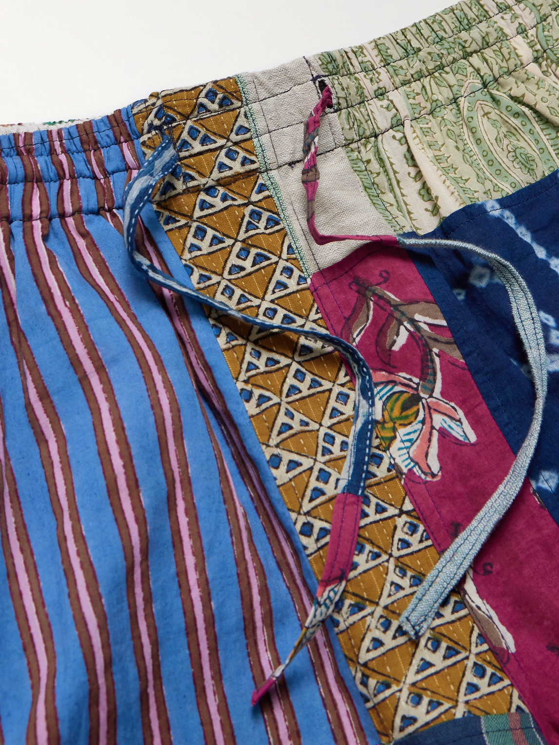 Shop Kardo Straight-leg Printed Patchwork Cotton Drawstring Shorts In Blue