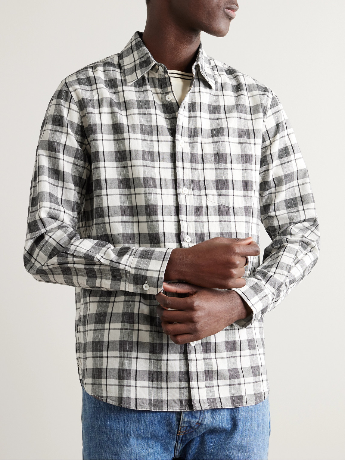 Shop Mr P Checked Organic Cotton And Linen-blend Shirt In White