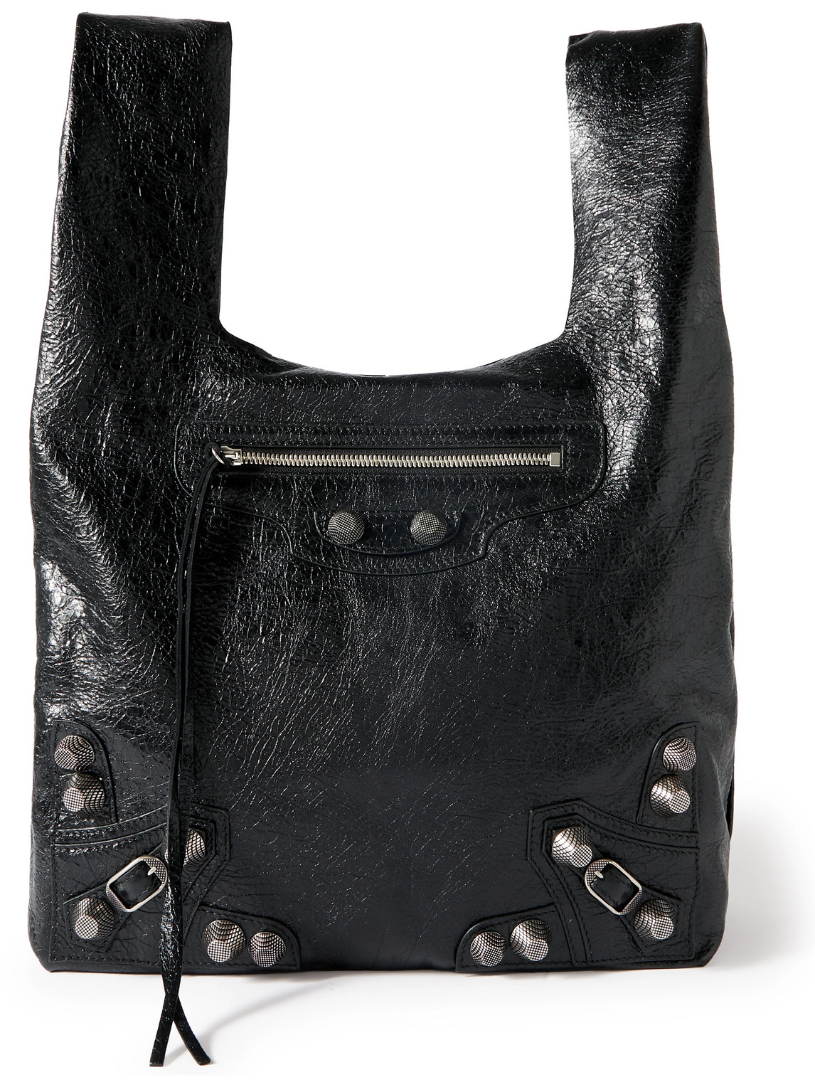 Shop Balenciaga Le Cagole Studded Cracked-leather Tote Bag In Black