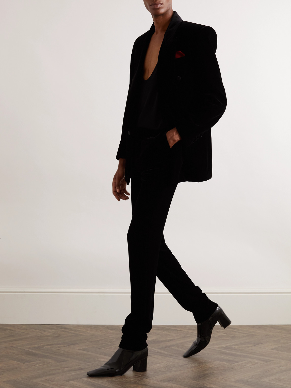 Shop Saint Laurent Double-breasted Velvet Suit Jacket In Black