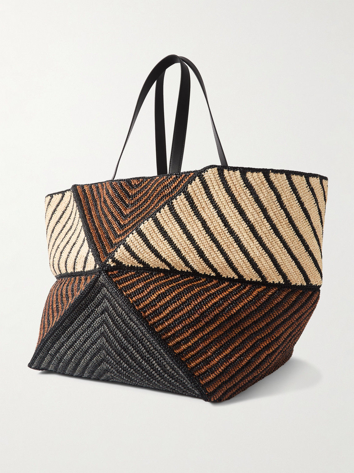 Shop Loewe Puzzle Fold Extra-large Leather-trimmed Raffia Tote Bag In Brown