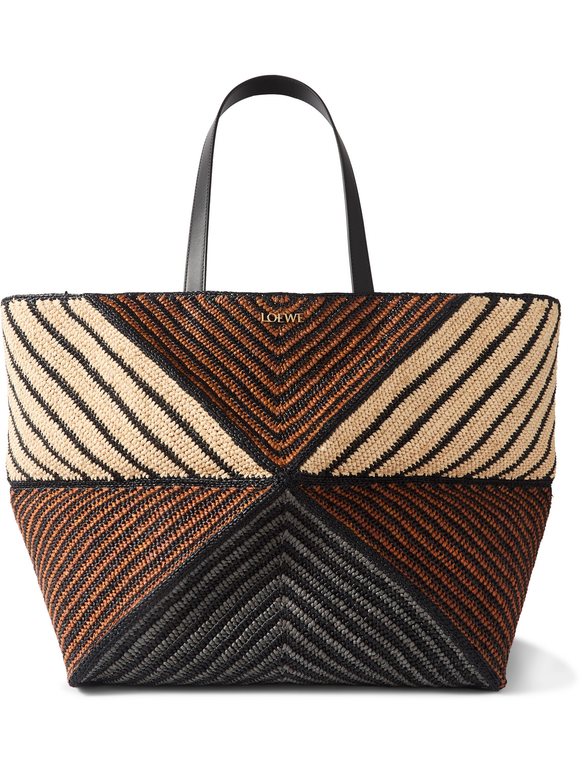 LOEWE PUZZLE FOLD EXTRA-LARGE LEATHER-TRIMMED RAFFIA TOTE BAG