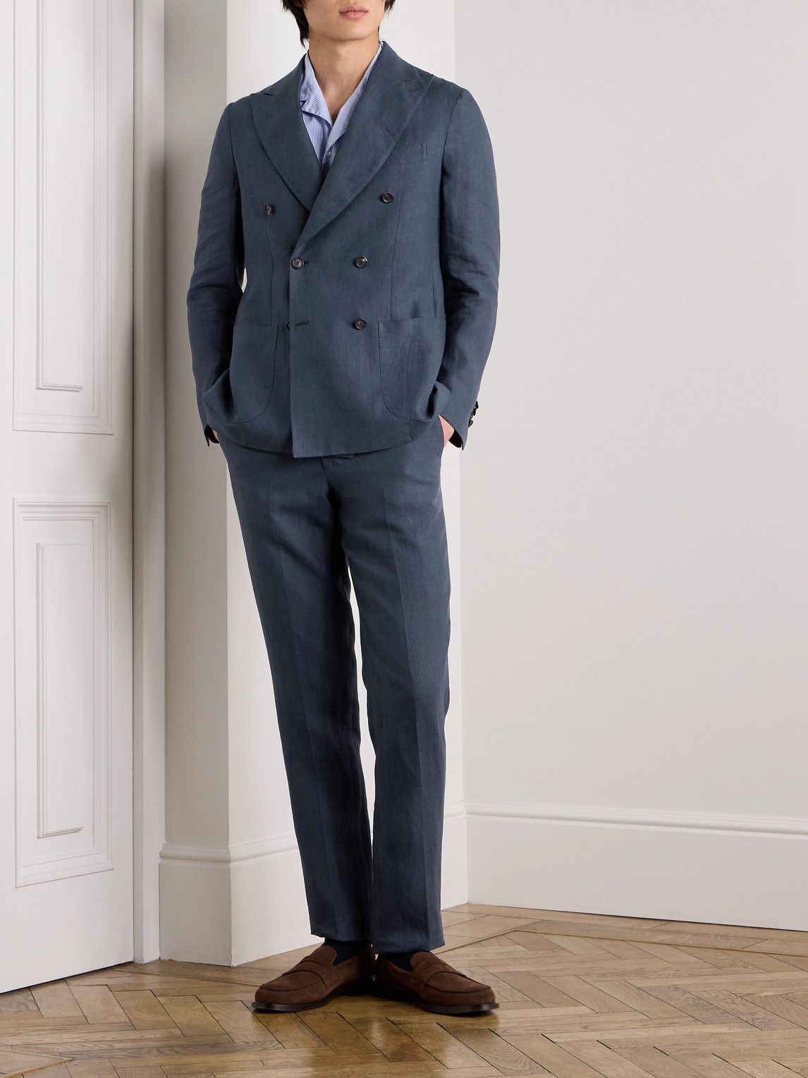 Shop De Petrillo Double-breasted Linen Suit Jacket In Blue