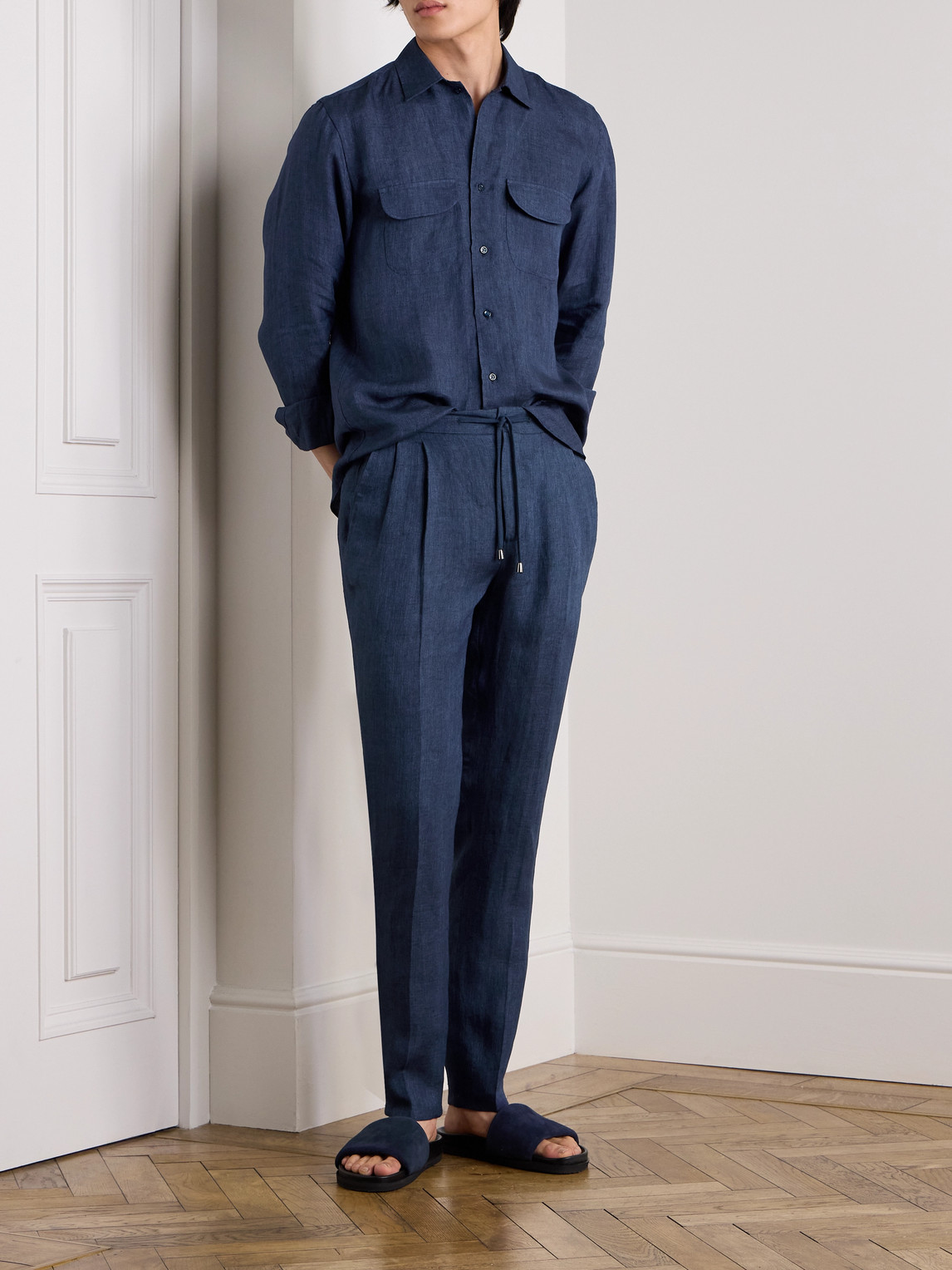 Shop De Petrillo Tapered Pleated Linen Drawstring Trousers In Blue