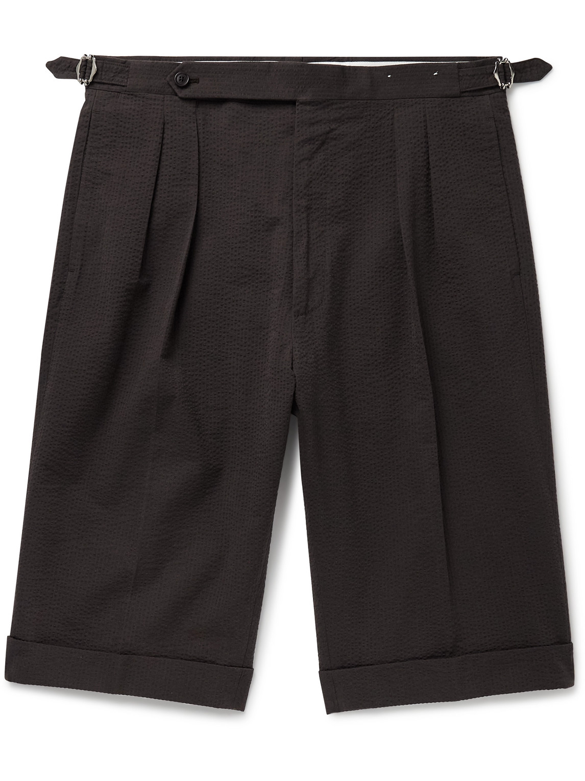 De Petrillo Slim-fit Pleated Cotton-blend Seersucker Shorts In Brown