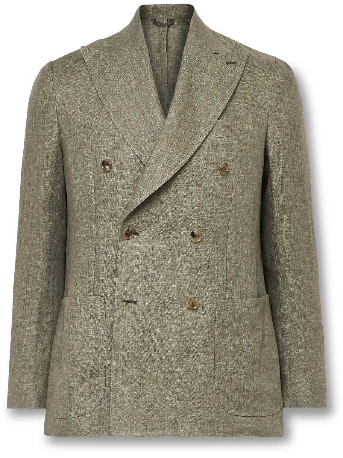 De Petrillo Double-breasted Herringbone Linen Suit Jacket In Green