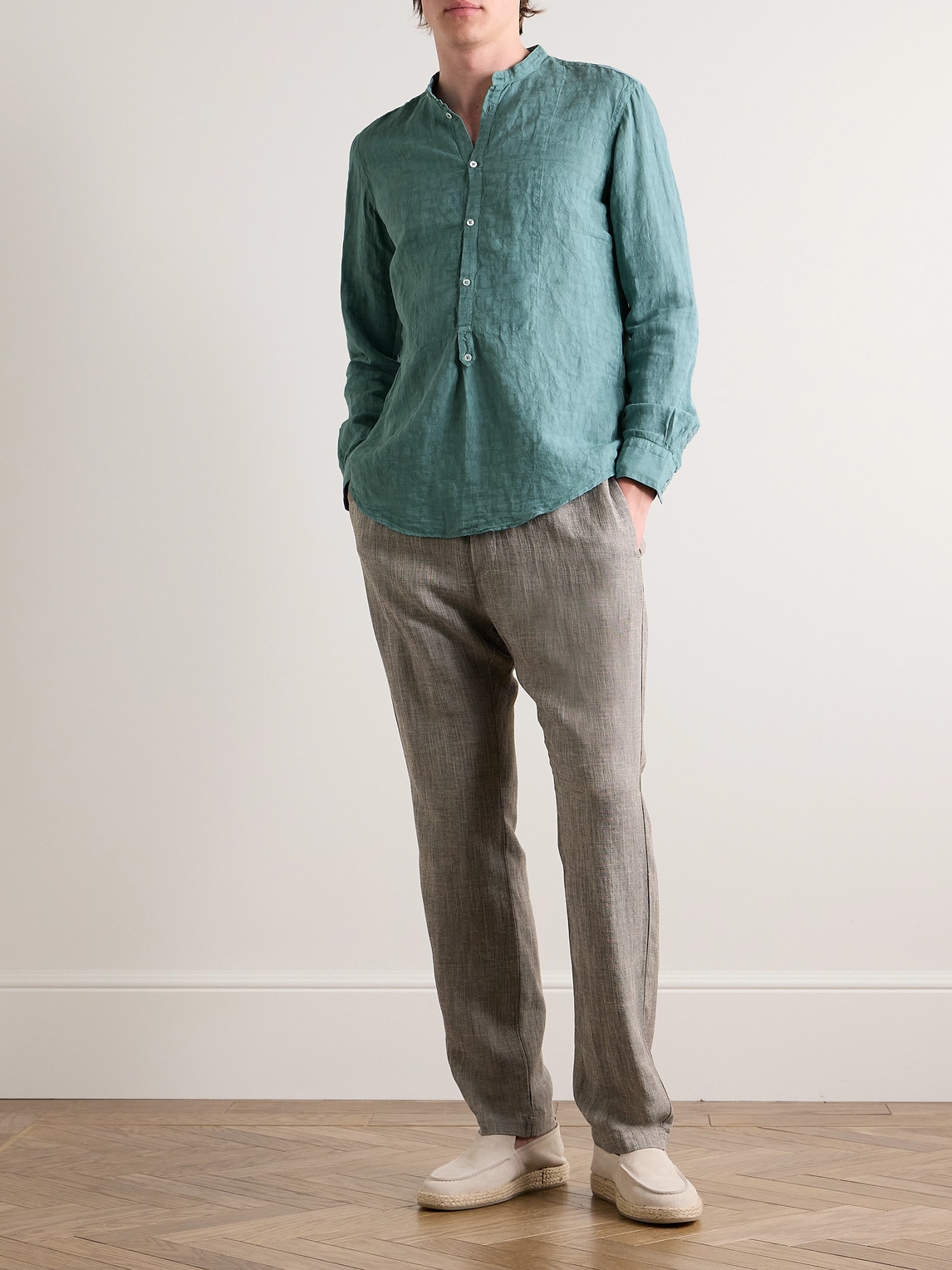 Shop Massimo Alba Kos Grandad-collar Linen And Cotton-blend Half-placket Shirt In Green