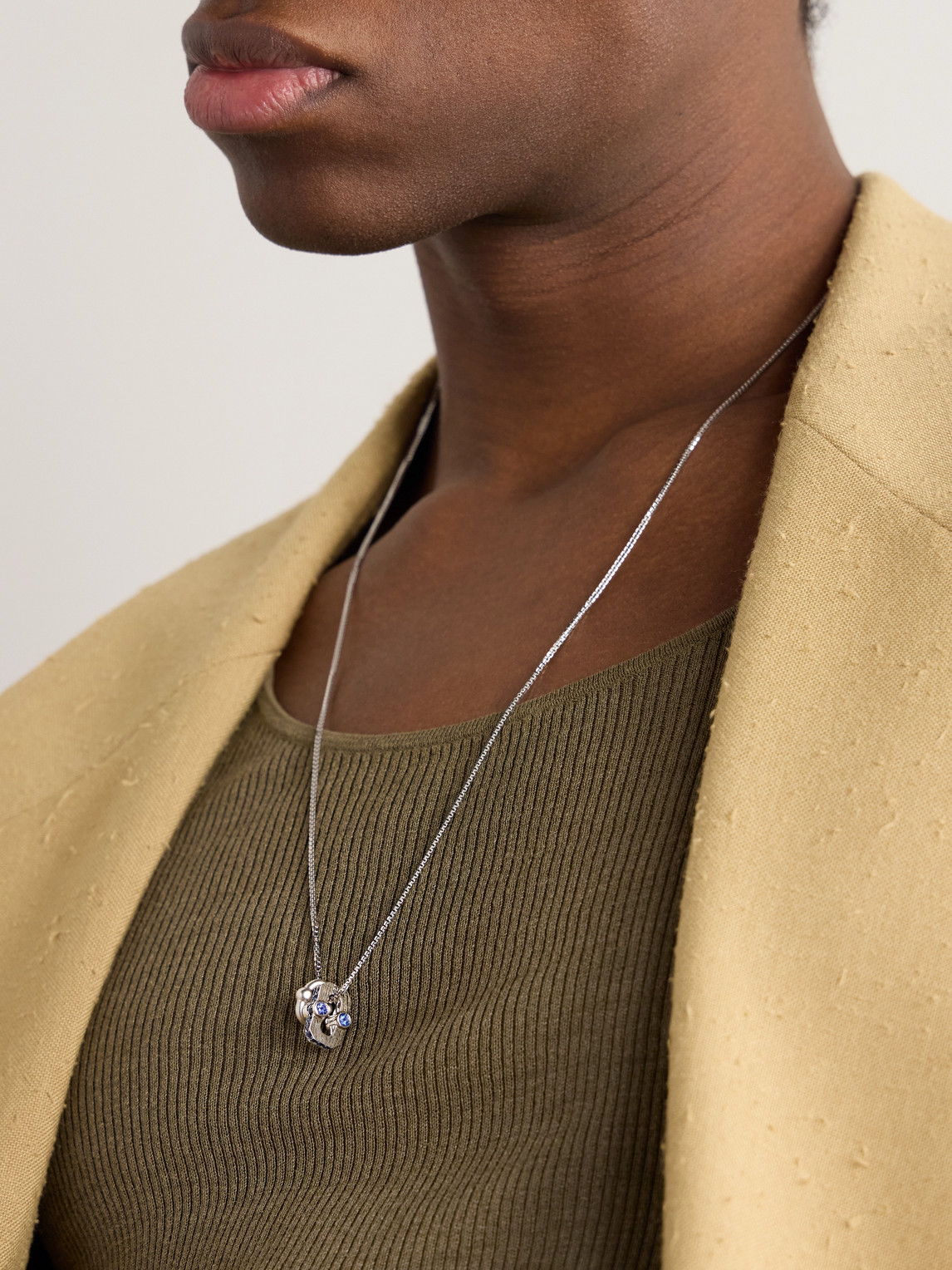 Shop Greg Yuna Varsity Umlaut White Gold, Sapphire And Diamond Pendant In Silver