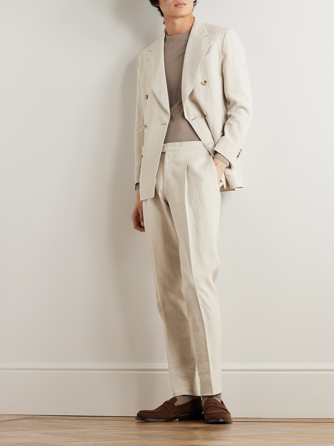 Shop Thom Sweeney Tapered Pleated Linen Suit Trousers In Neutrals