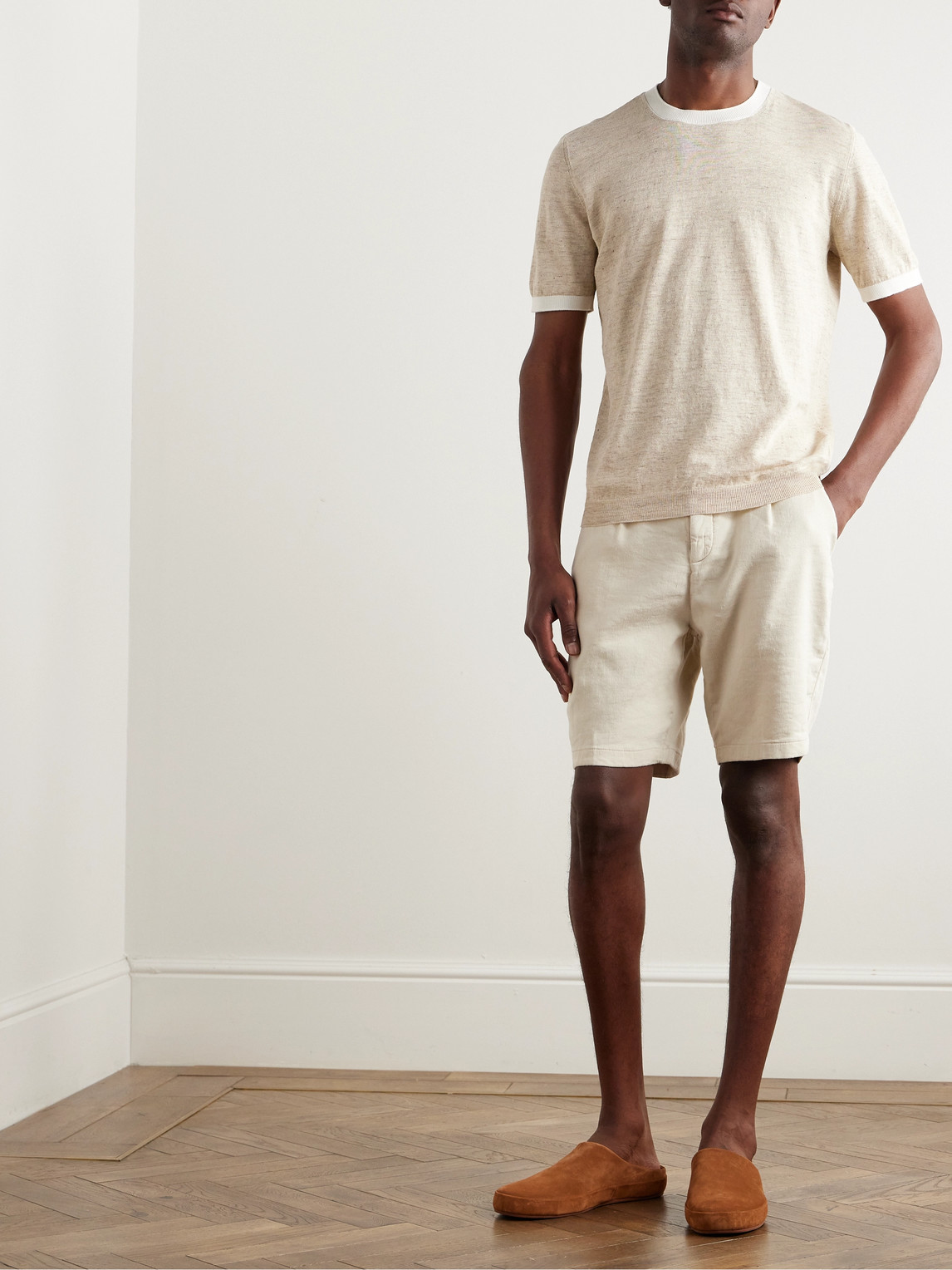 Shop Thom Sweeney Stretch Linen And Cotton-blend Shorts In Neutrals