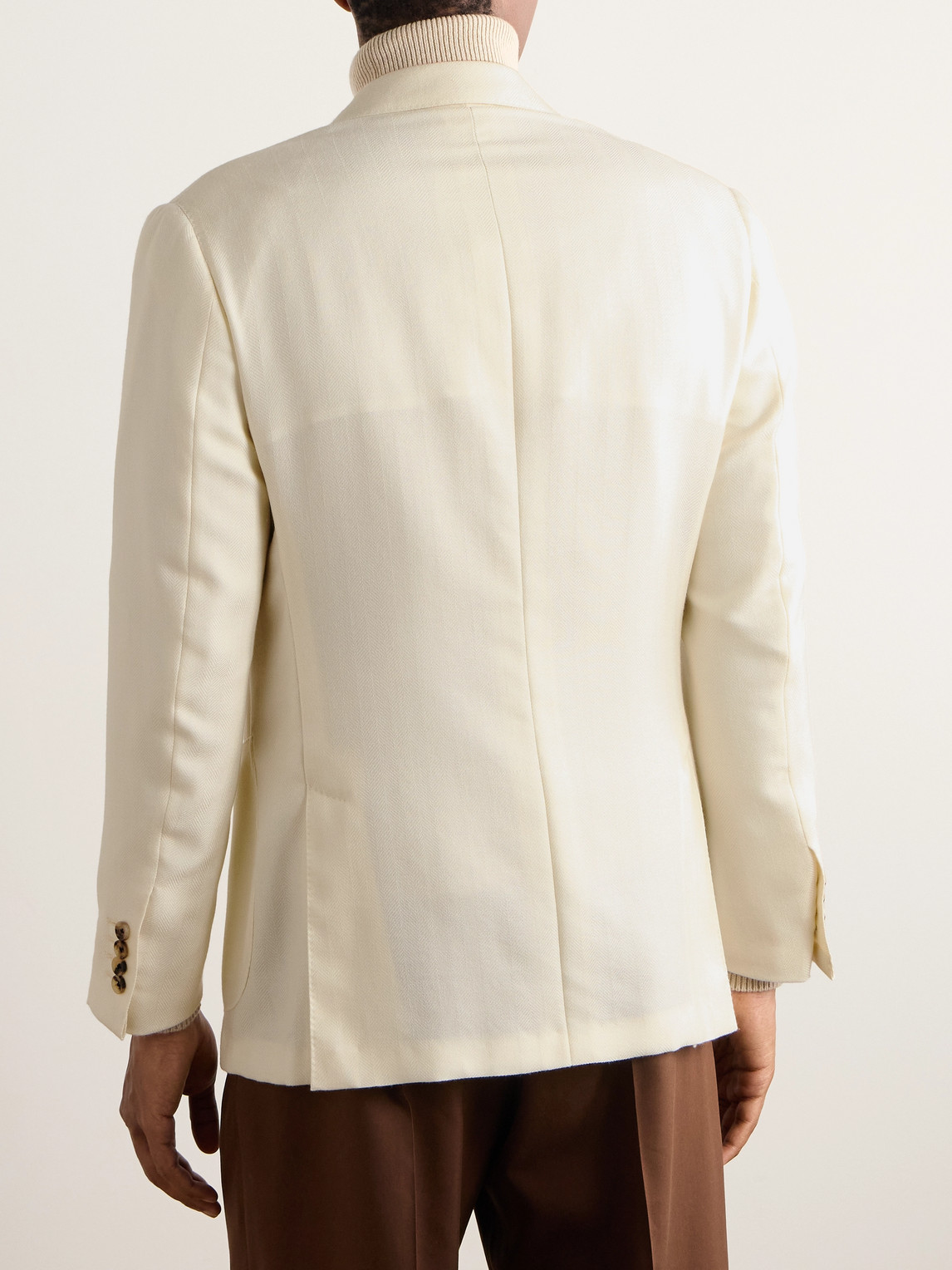Shop Thom Sweeney Slim-fit Double-breasted Herringbone Cashmere And Silk-blend Blazer In White