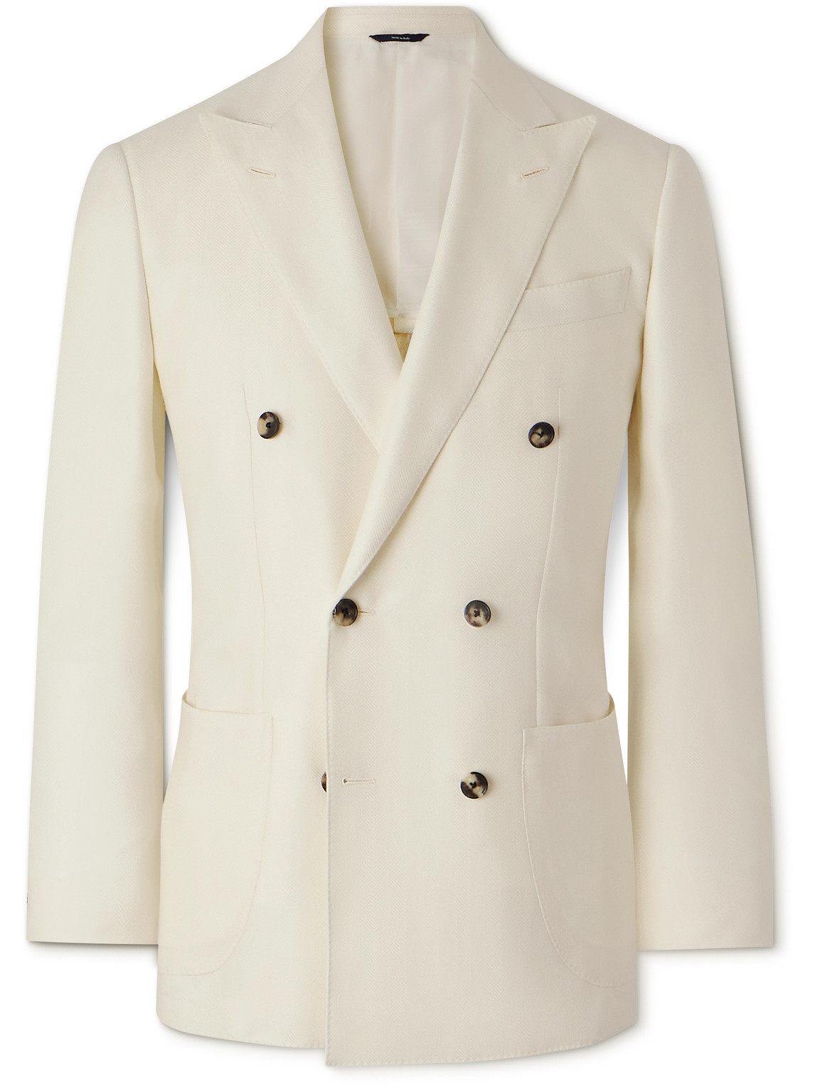 Thom Sweeney Slim-fit Double-breasted Herringbone Cashmere And Silk-blend Blazer In White