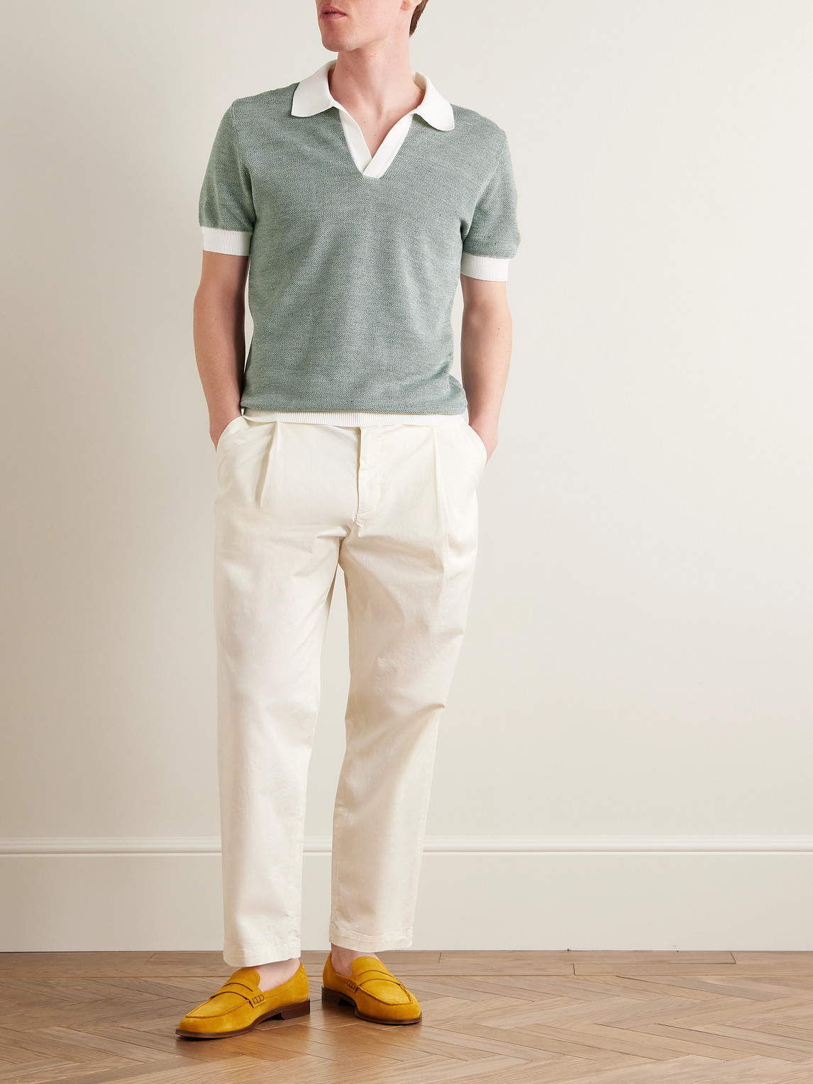Shop Thom Sweeney Birdseye Cotton And Linen-blend Polo Shirt In Green