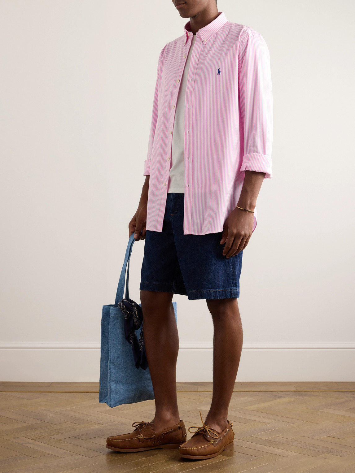 Shop Polo Ralph Lauren Button-down Collar Striped Cotton-blend Poplin Shirt In Pink