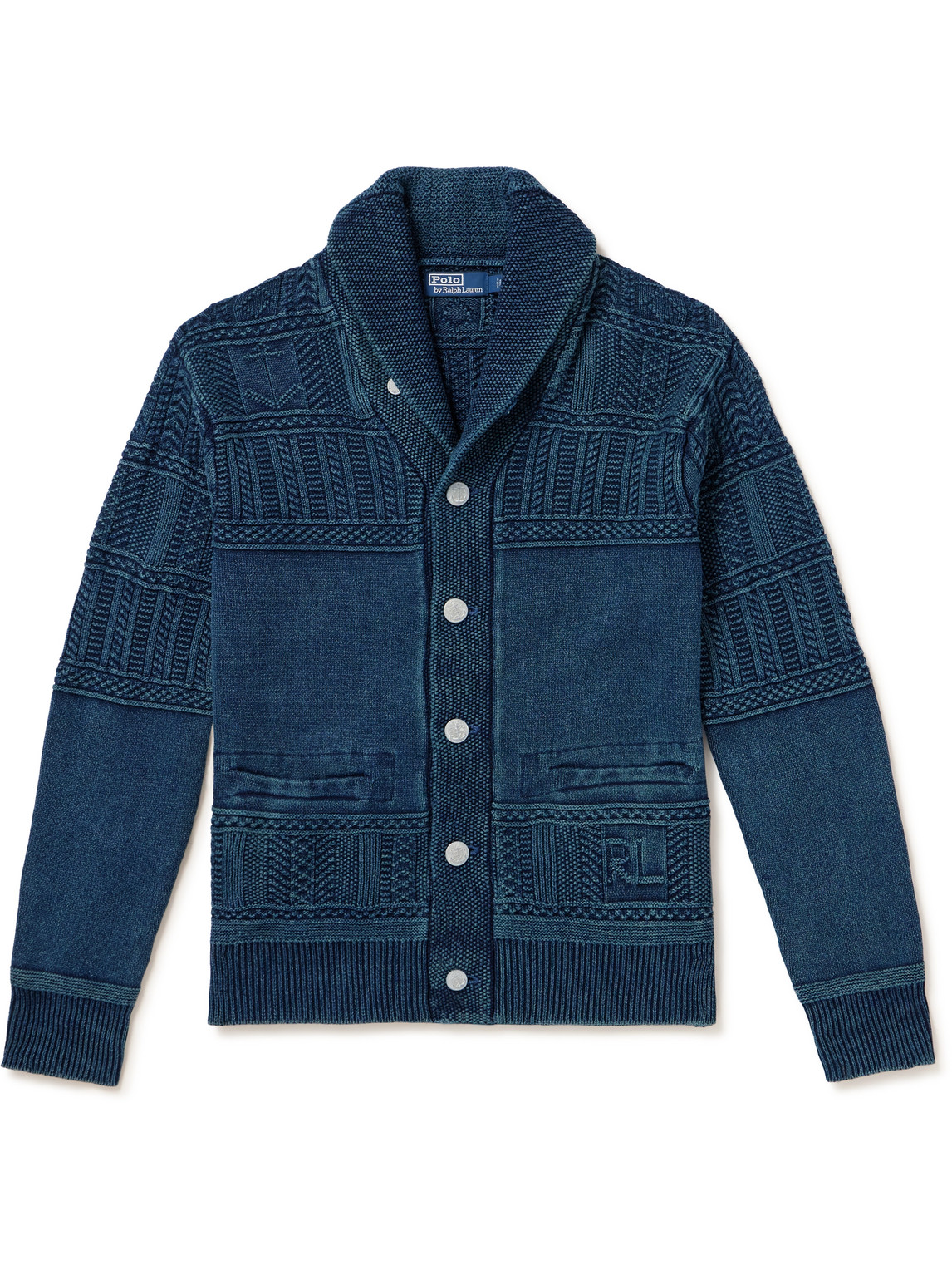 Polo Ralph Lauren Shawl-collar Panelled Cable-knit Cotton Cardigan In Blue