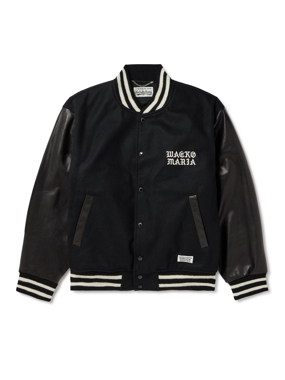 Wacko Maria Logo-embroidered Striped Wool-blend And Leather Varsity Jacket In Black