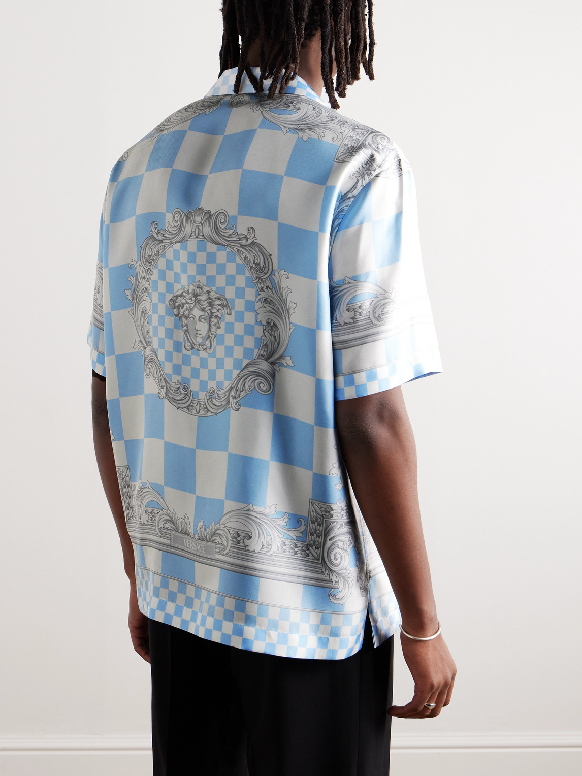 Shop Versace Camp-collar Printed Checked Silk-twill Shirt In Blue