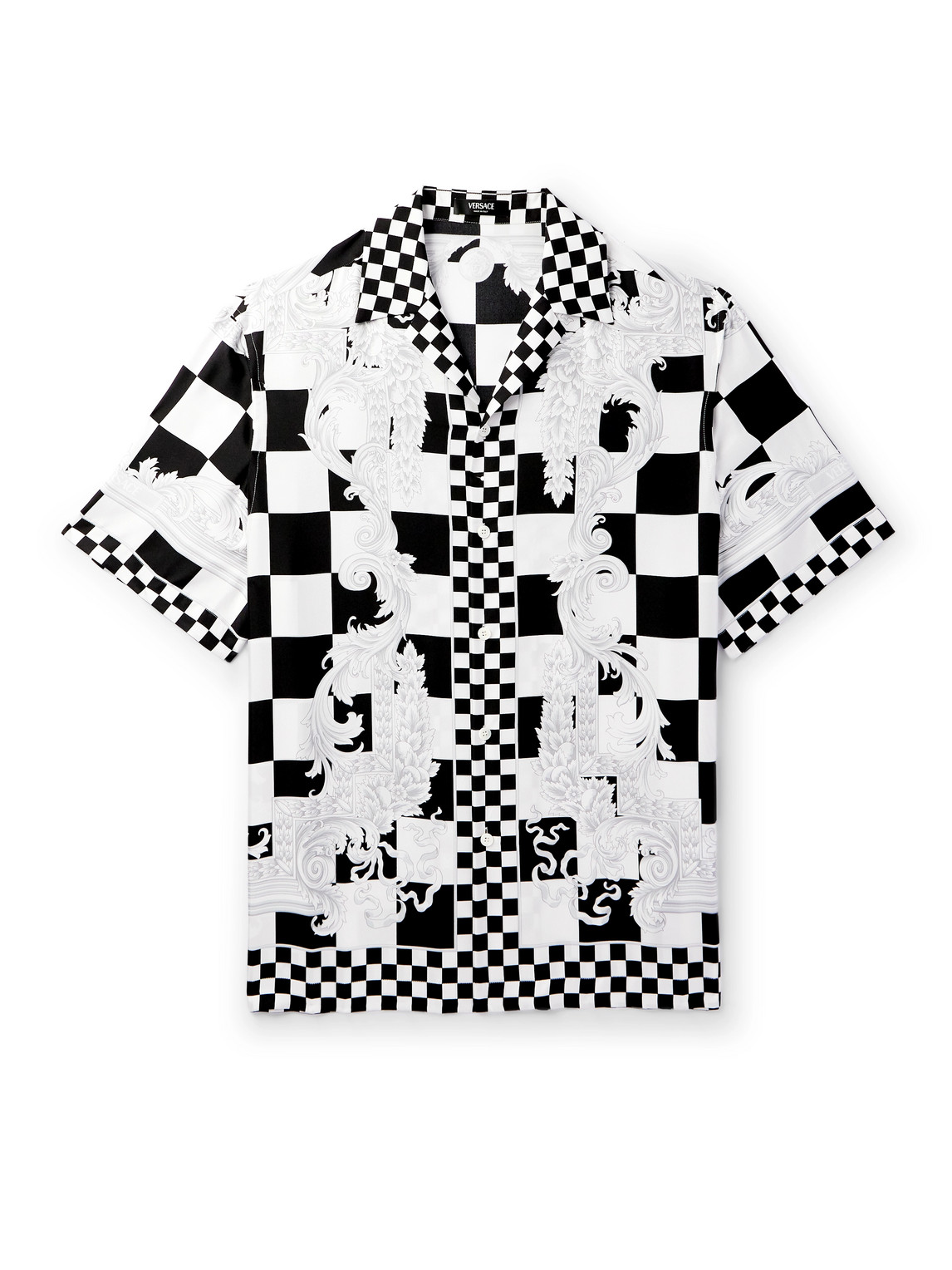 Versace Camp-collar Printed Checked Silk-twill Shirt In White