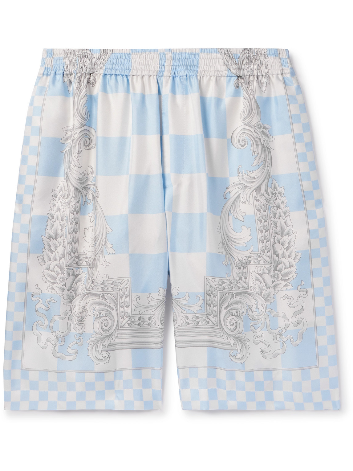 Shop Versace Straight-leg Printed Silk-twill Shorts In Blue