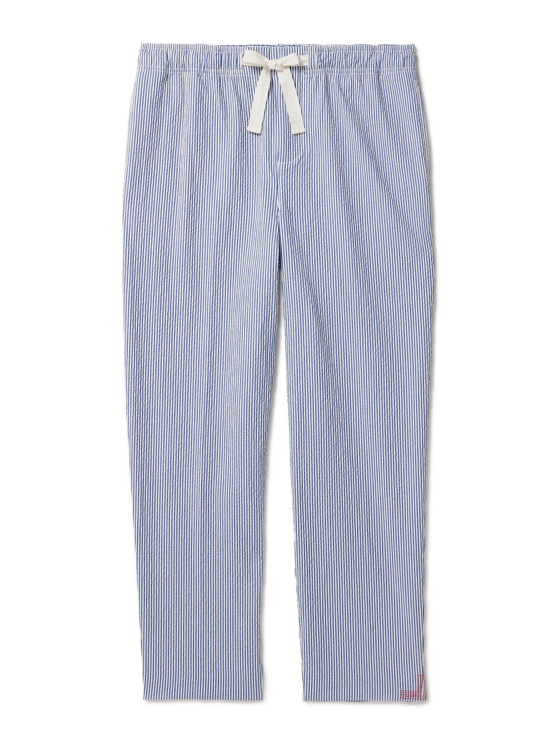 Orlebar Brown Alex Tapered Striped Cotton-blend Seersucker Drawstring Trousers In Blue