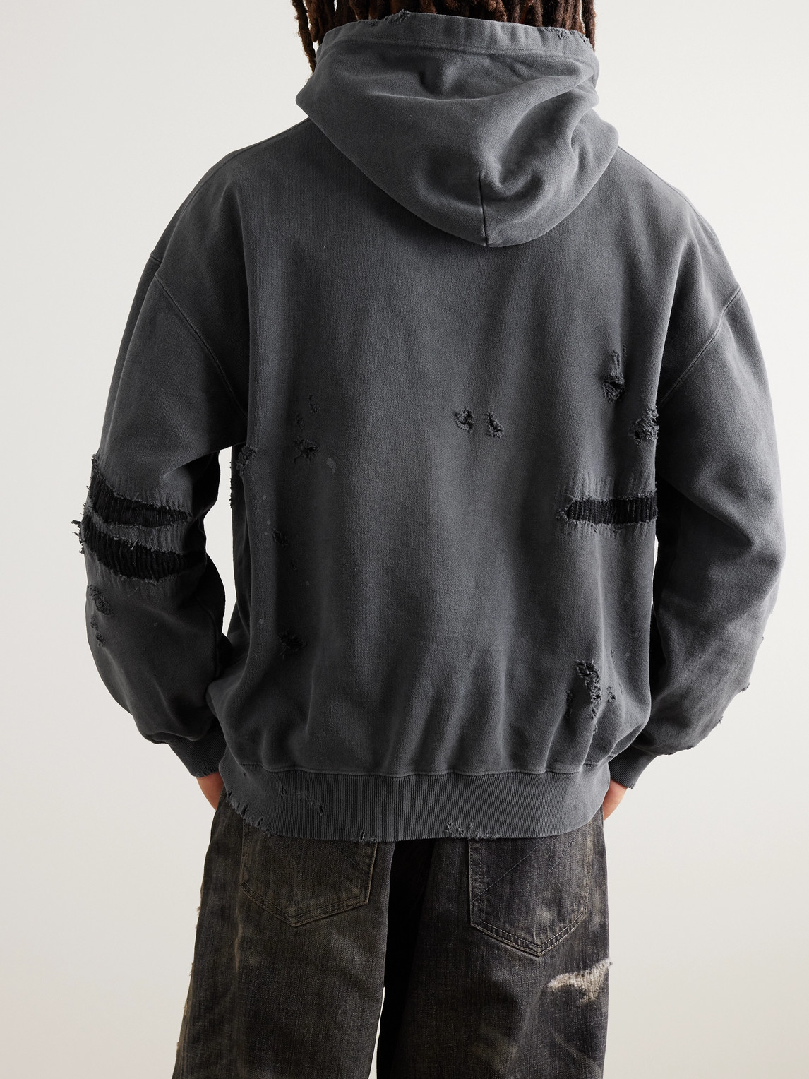 Shop Neighborhood Savage Logo-embroidered Distressed Cotton-jersey Hoodie In Gray