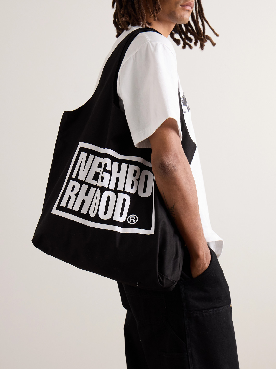 Shop Neighborhood Id Large Logo-print Cotton-twill Tote Bag In Black