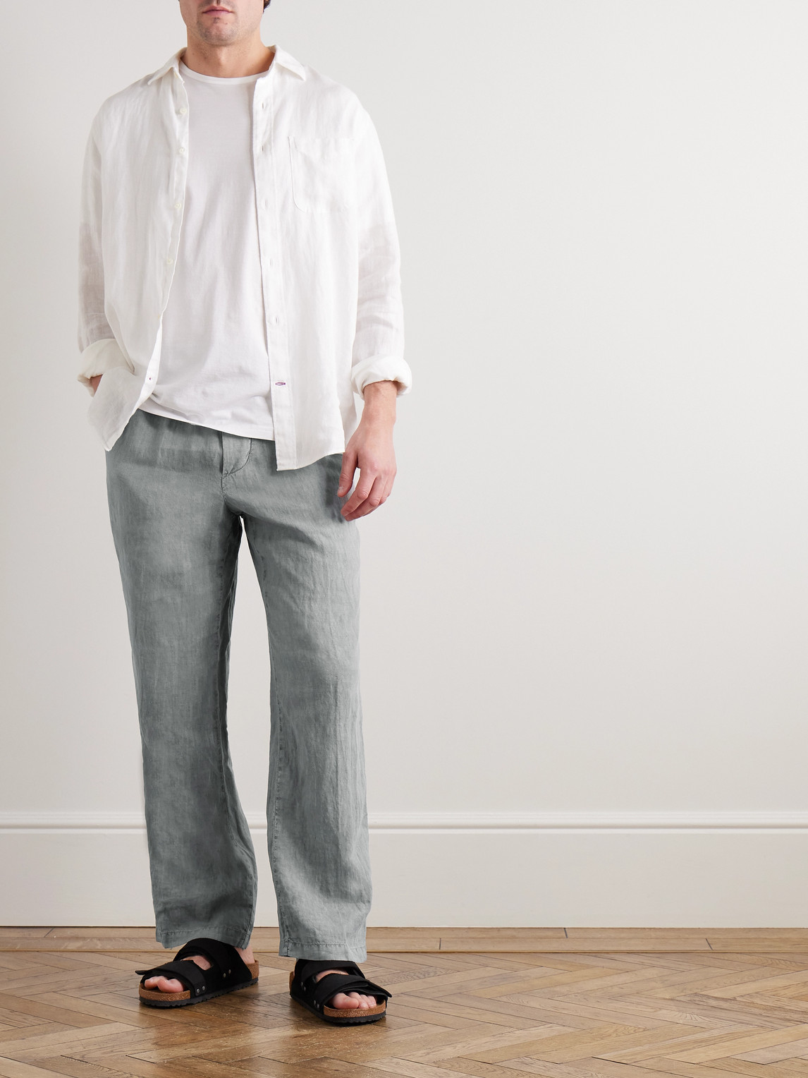 Shop James Perse Straight-leg Garment-dyed Linen Drawstring Trousers In Gray