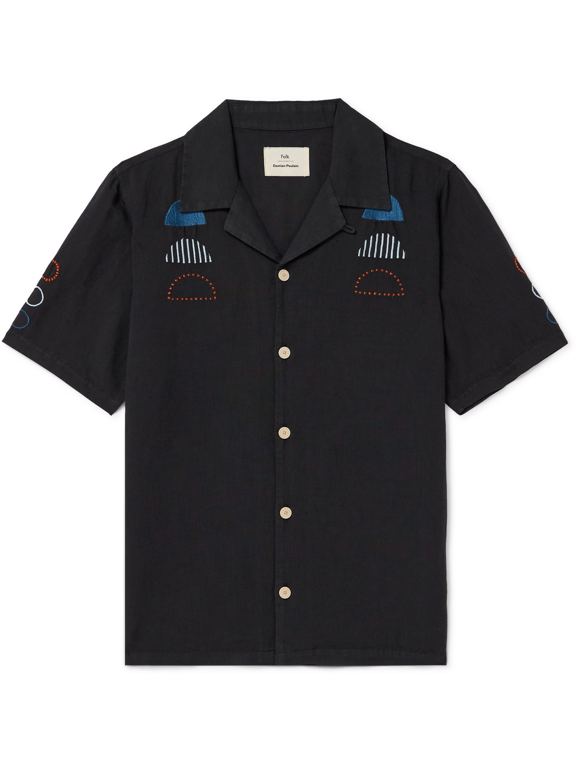 Folk Damien Poulain Convertible-collar Embroidered Linen And Cotton-blend Shirt In Black