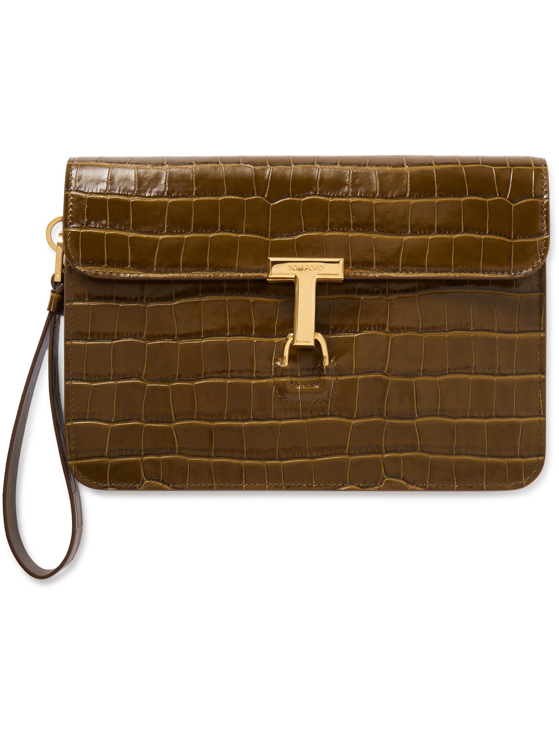 Tom Ford Glossed Croc-effect Leather Pouch In Brown