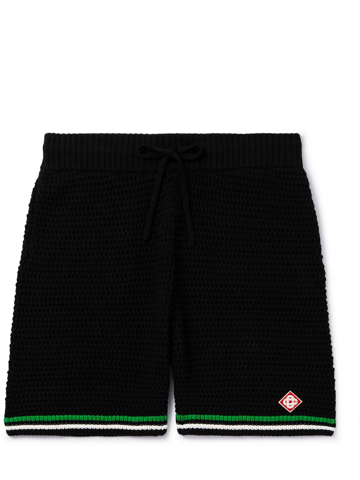 Casablanca Straight-leg Logo-appliquéd Striped Crocheted Cotton Drawstring Shorts In Black