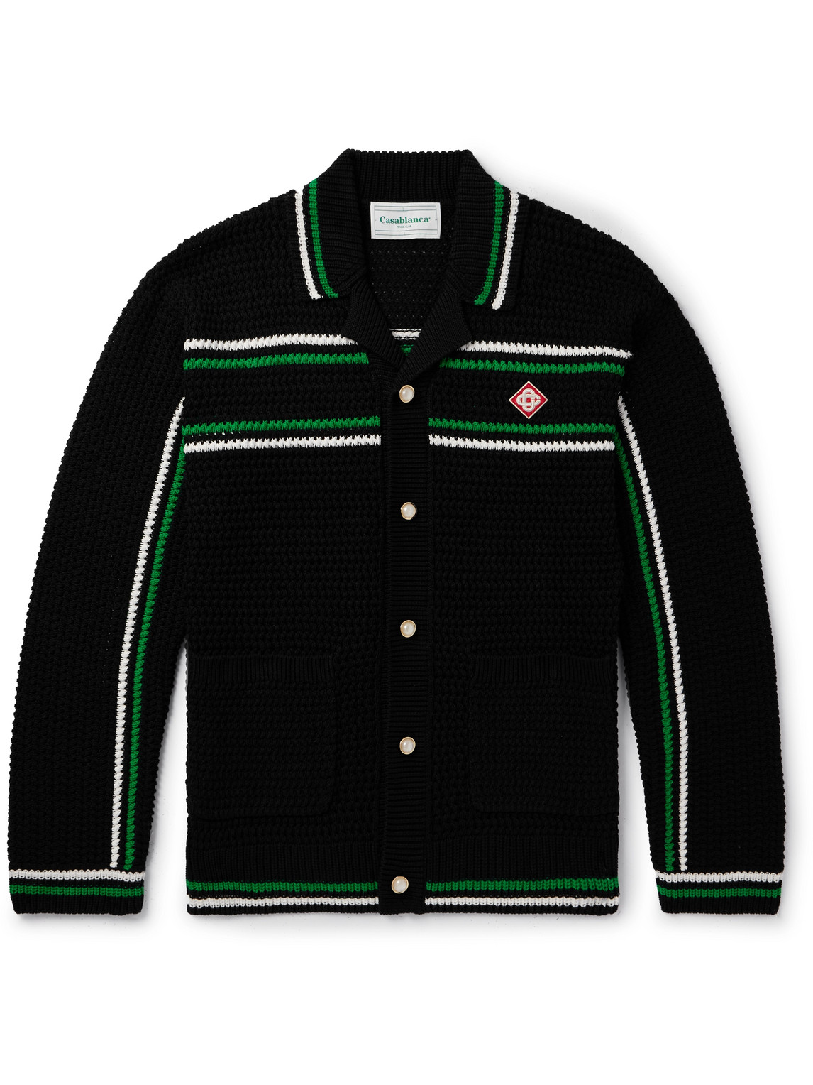 Shop Casablanca Camp-collar Logo-appliquéd Striped Crocheted Cotton Cardigan In Black