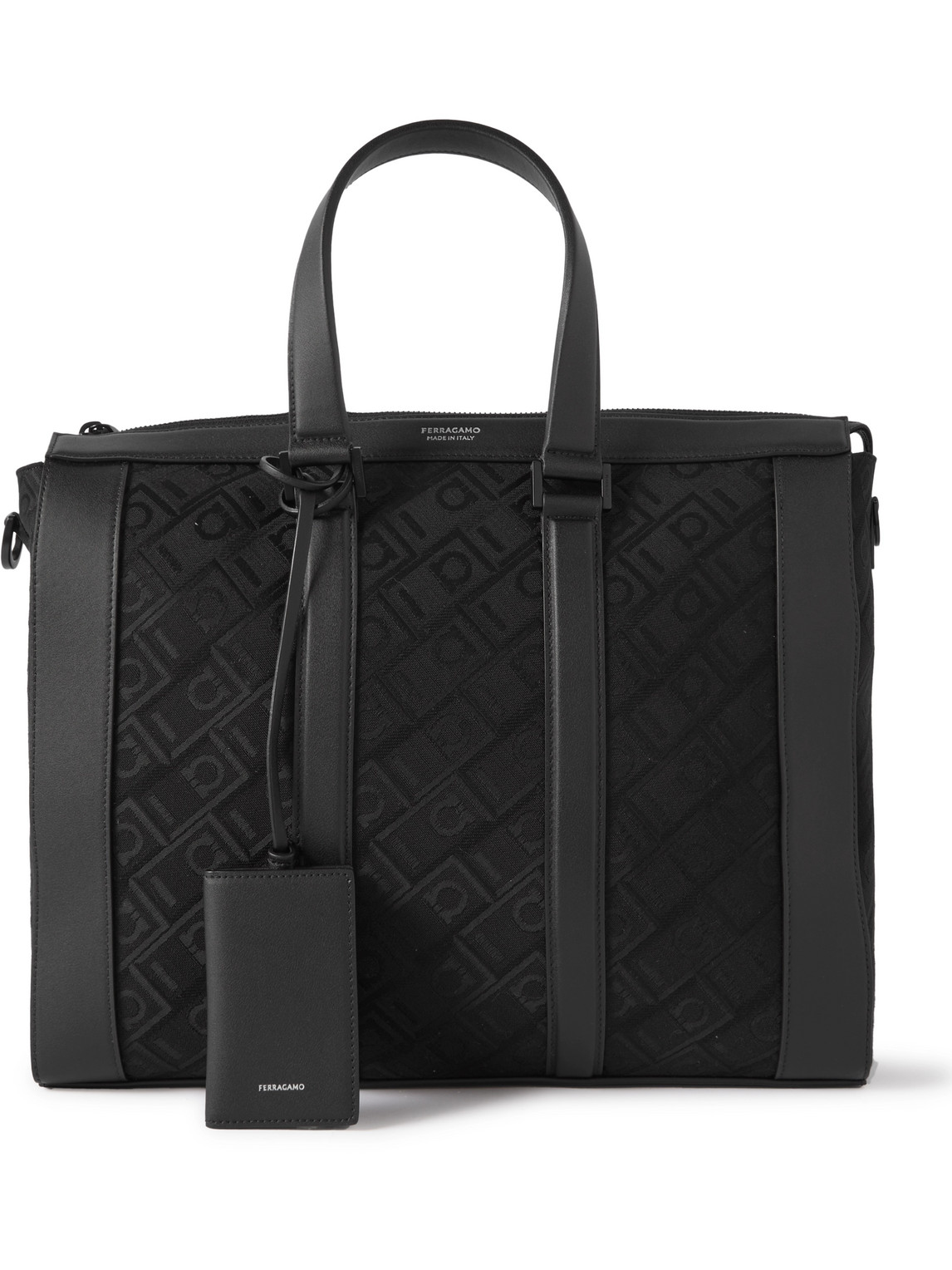 Ferragamo Leather-trimmed Logo-jacquard Canvas Tote Bag In Black