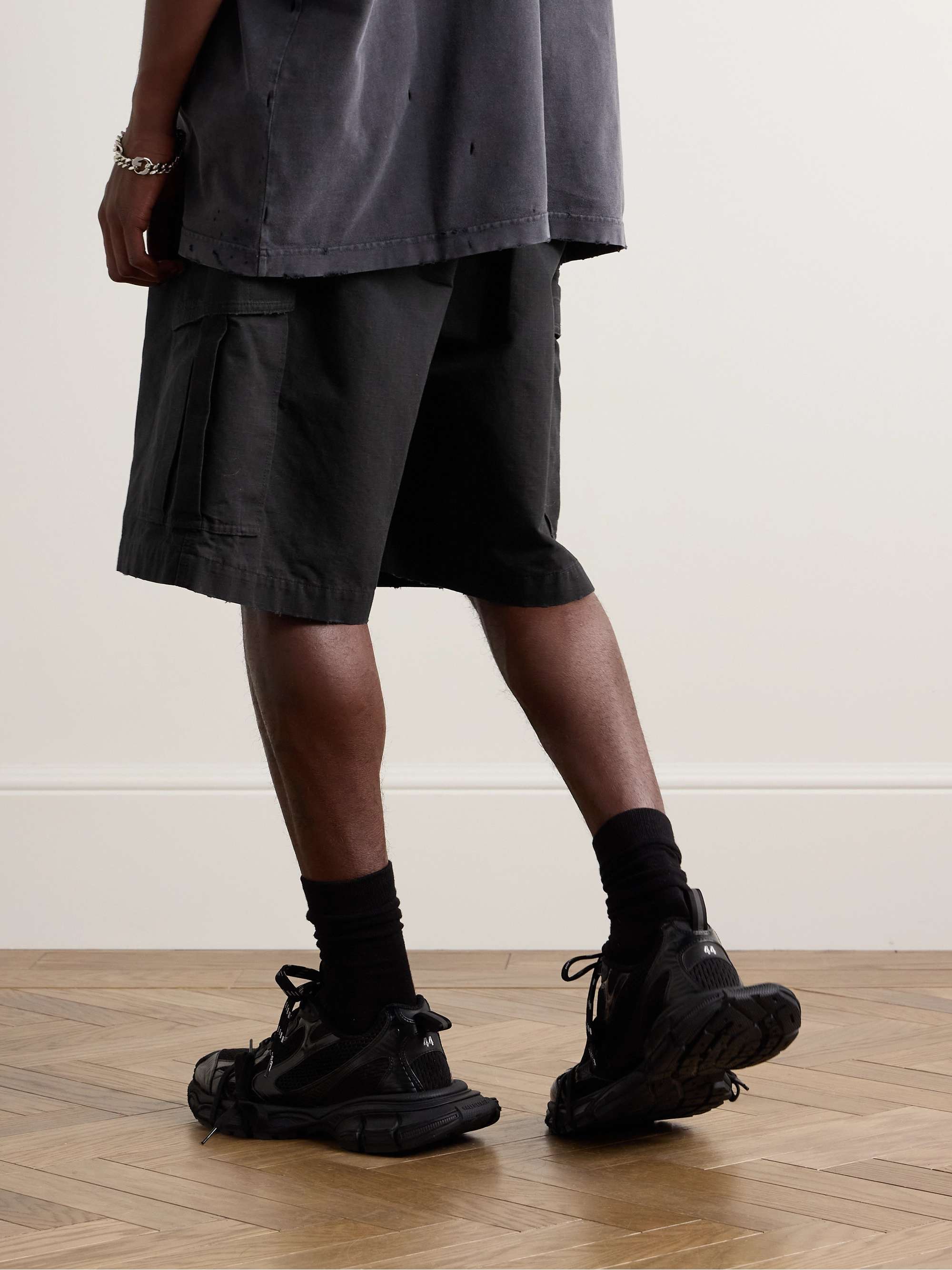 BALENCIAGA Wide-Leg Distressed Cotton-Ripstop Drawstring Cargo Shorts ...