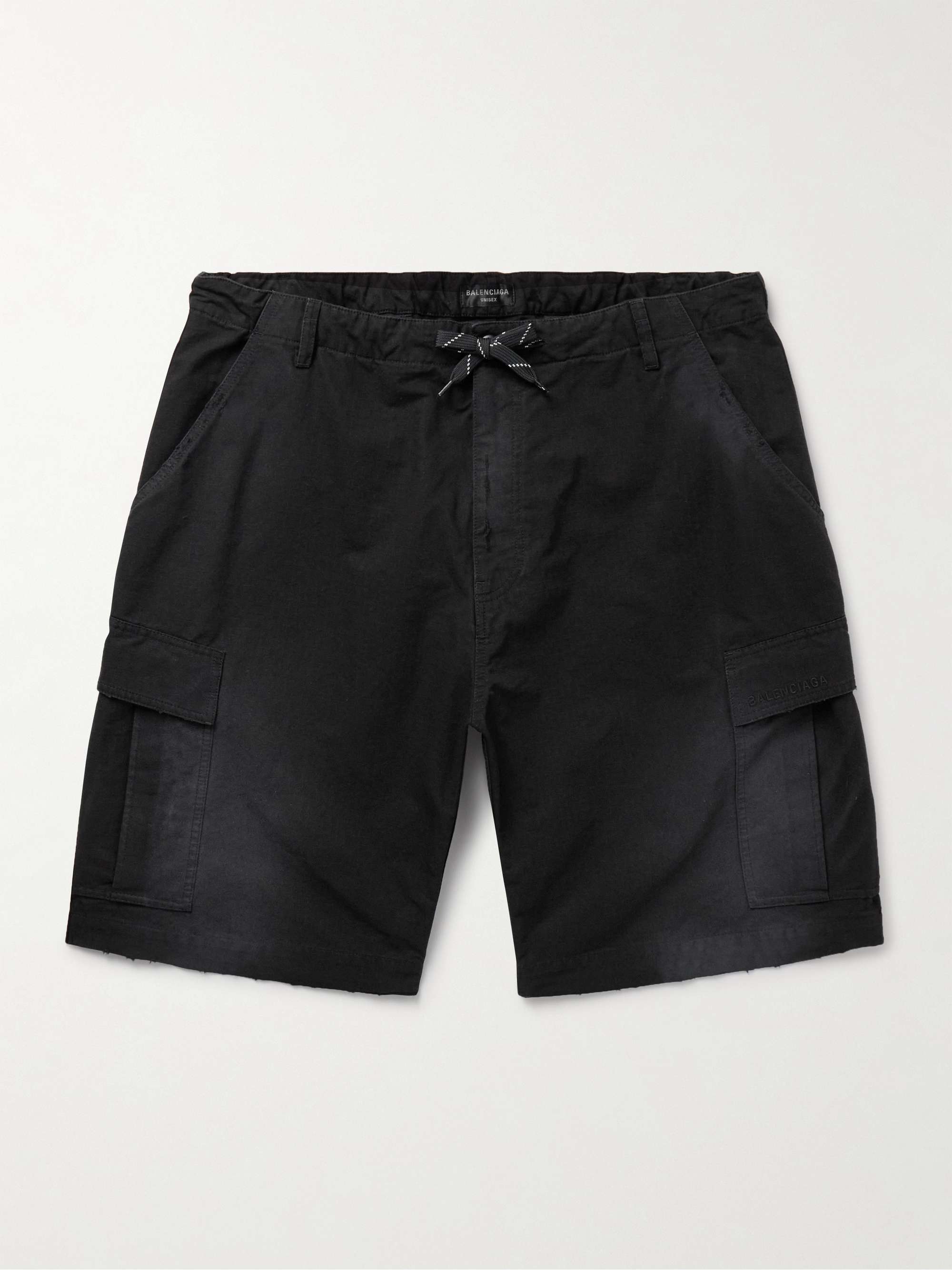 Balenciaga Wide-Leg Distressed Cotton-Ripstop Drawstring Cargo Shorts - Men - Black Shorts - L