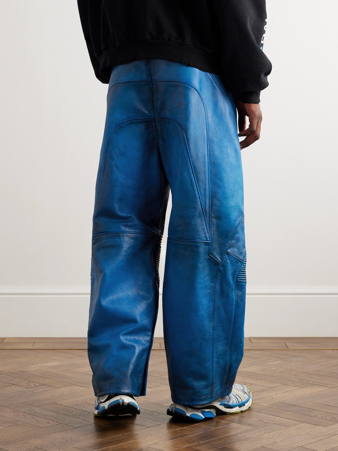 Shop Balenciaga Biker Wide-leg Panelled Leather Drawstring Trousers In Blue