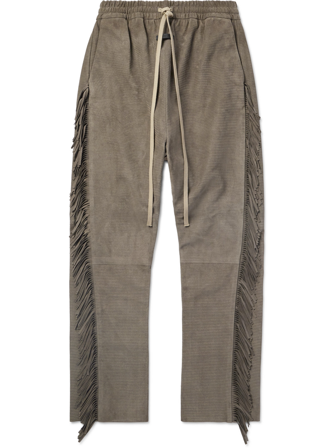 Fear Of God Straight-leg Logo-appliquèd Ribbed Fringed Suede Trousers In Brown