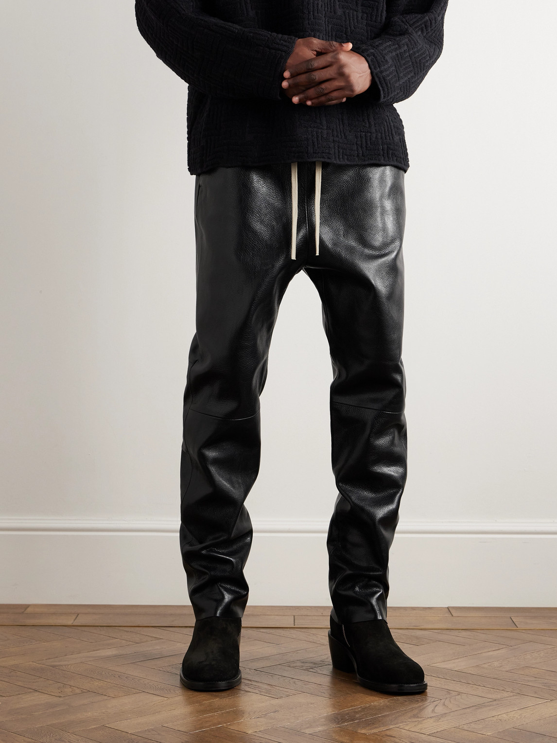 Shop Fear Of God Straight-leg Full-grain Leather Trousers In Black