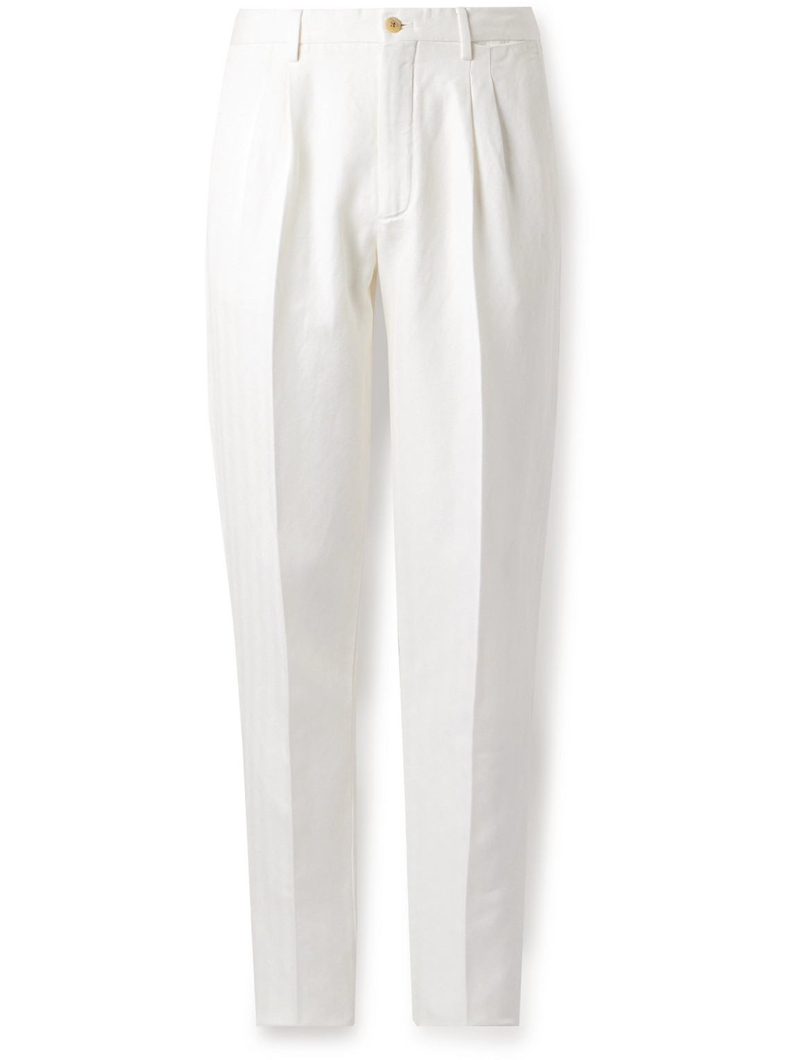 Straight-Leg Pleated Herringbone Cotton and Linen-Blend Suit Trousers