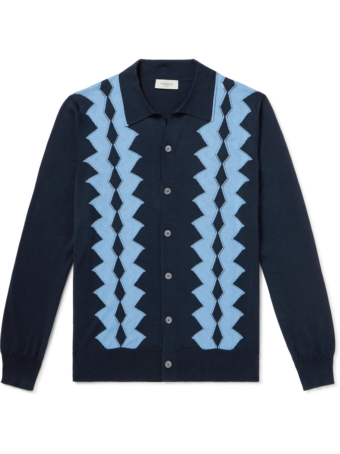 Piacenza 1733 Intarsia Pointelle-knit Silk And Cotton-blend Cardigan In Blue