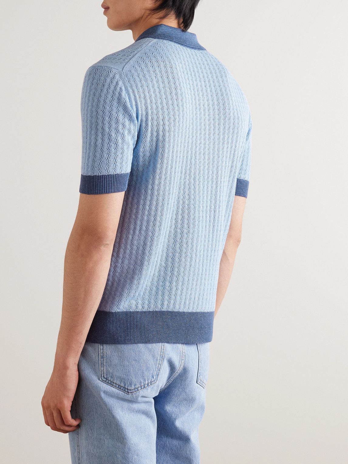 Shop Piacenza 1733 Pointelle-knit Silk And Linen-blend Polo Shirt In Blue
