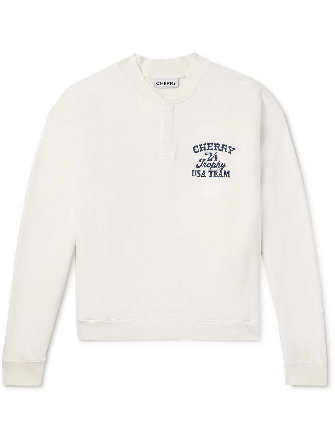 Cherry Los Angeles Trophy Embroidered Printed Cotton-jersey Henley Sweatshirt In Neutrals