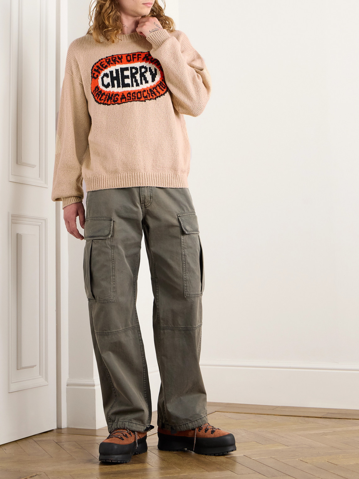 Shop Cherry Los Angeles Off Road Logo-intarsia Organic Cotton Sweater In Neutrals
