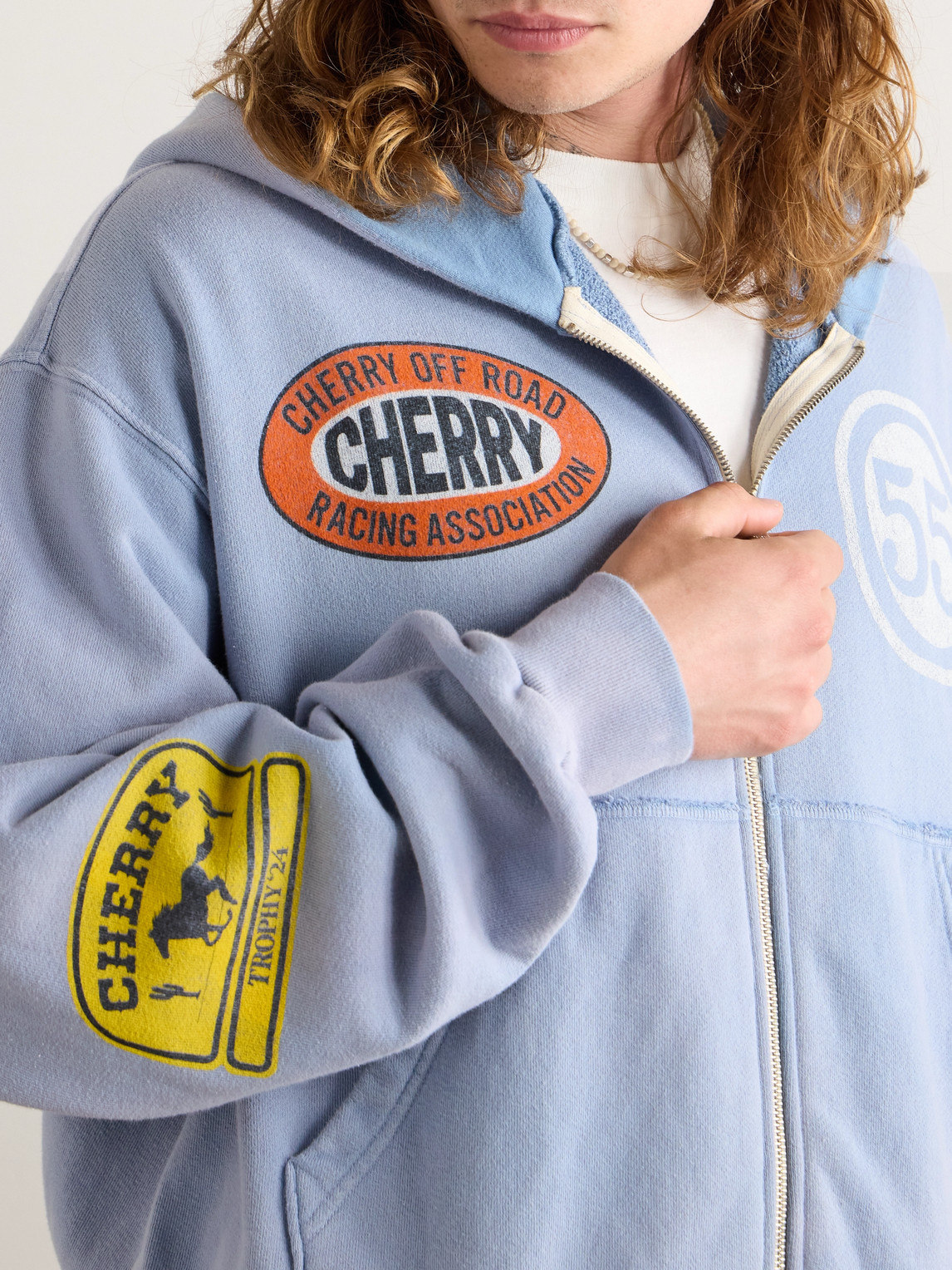 Shop Cherry Los Angeles Off Road Logo-print Garment-dyed Cotton-jersey Zip-up Hoodie In Blue