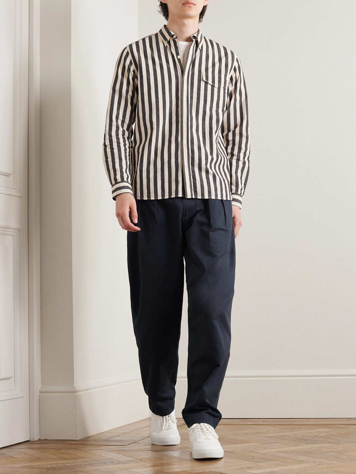 Shop Richard James Straight-leg Pleated Cotton-twill Trousers In Blue