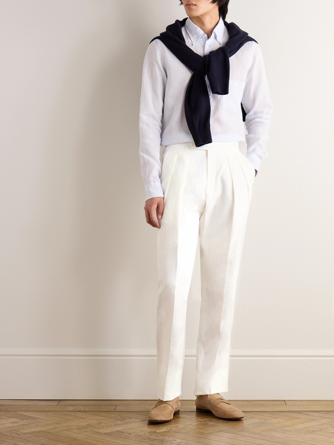 Shop Richard James Tapered Pleated Linen Trousers In White
