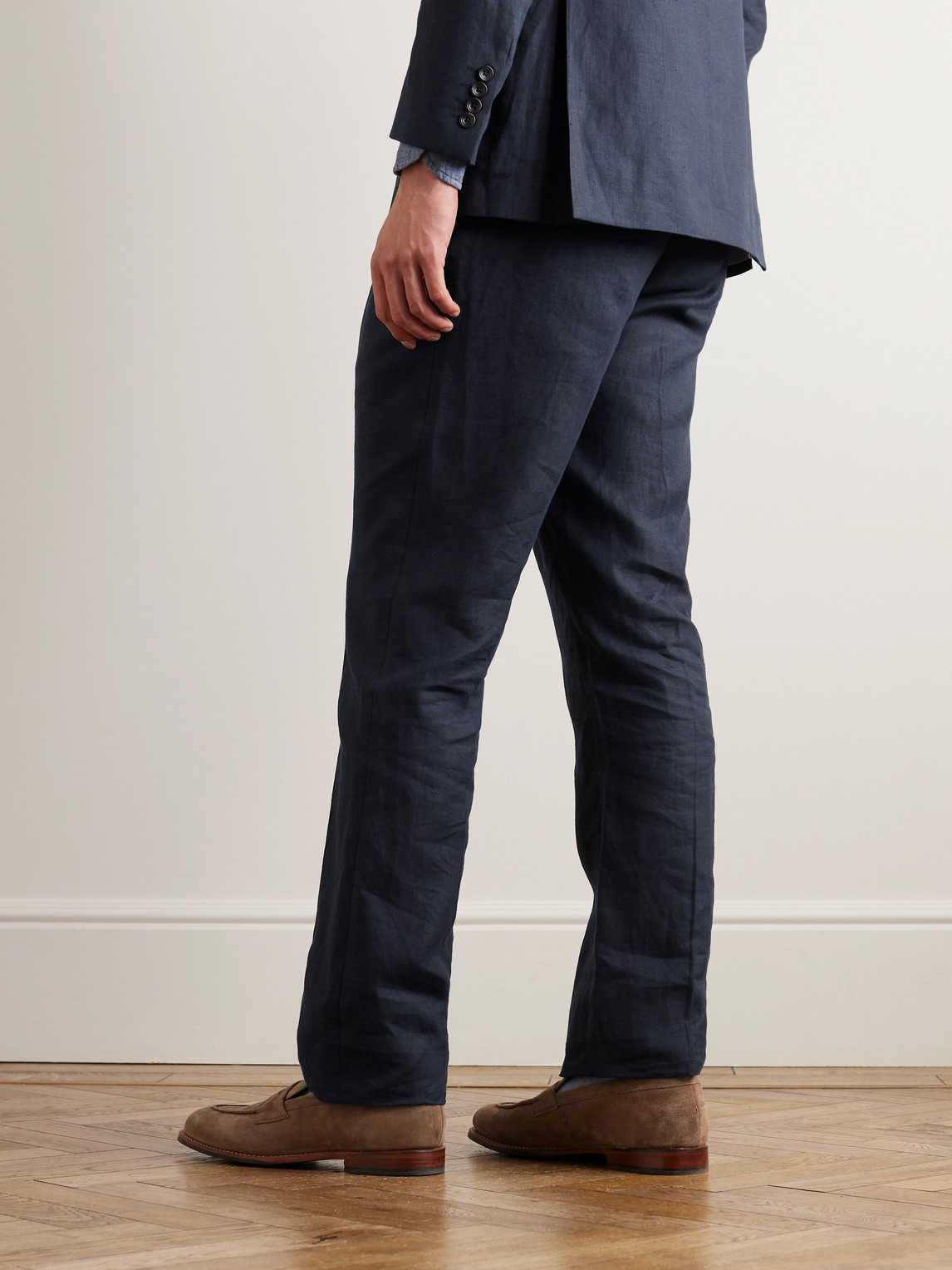 Shop Richard James Tapered Pleated Linen Suit Trousers In Blue